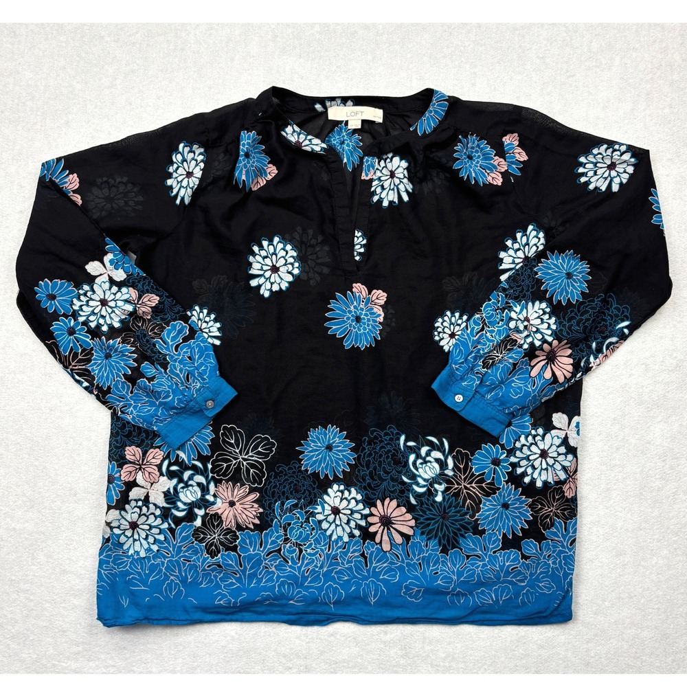 LOFT Petites Floral Border Print Blouse Womens SP Black Blue Split V Neck 424744